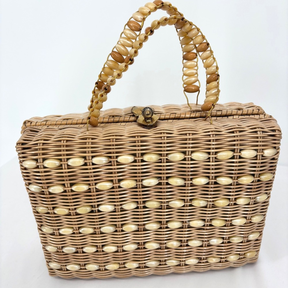 Vintage Walborg Wicker Box Handbag Beaded Top Handle Green Leaf Lining Hong Kong